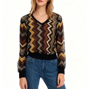 Missoni Multicolor V-nexk Zigzag Sheer Top With Ribbed Trim